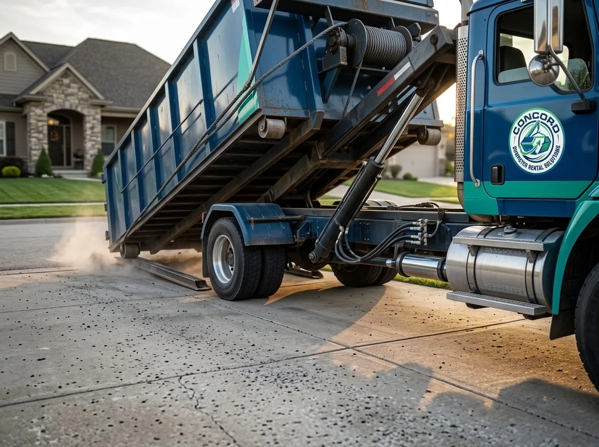 Dumpster rental advice for Concord NH Roll-off dumpster loaded evenly below the fill line at a Concord NH property
